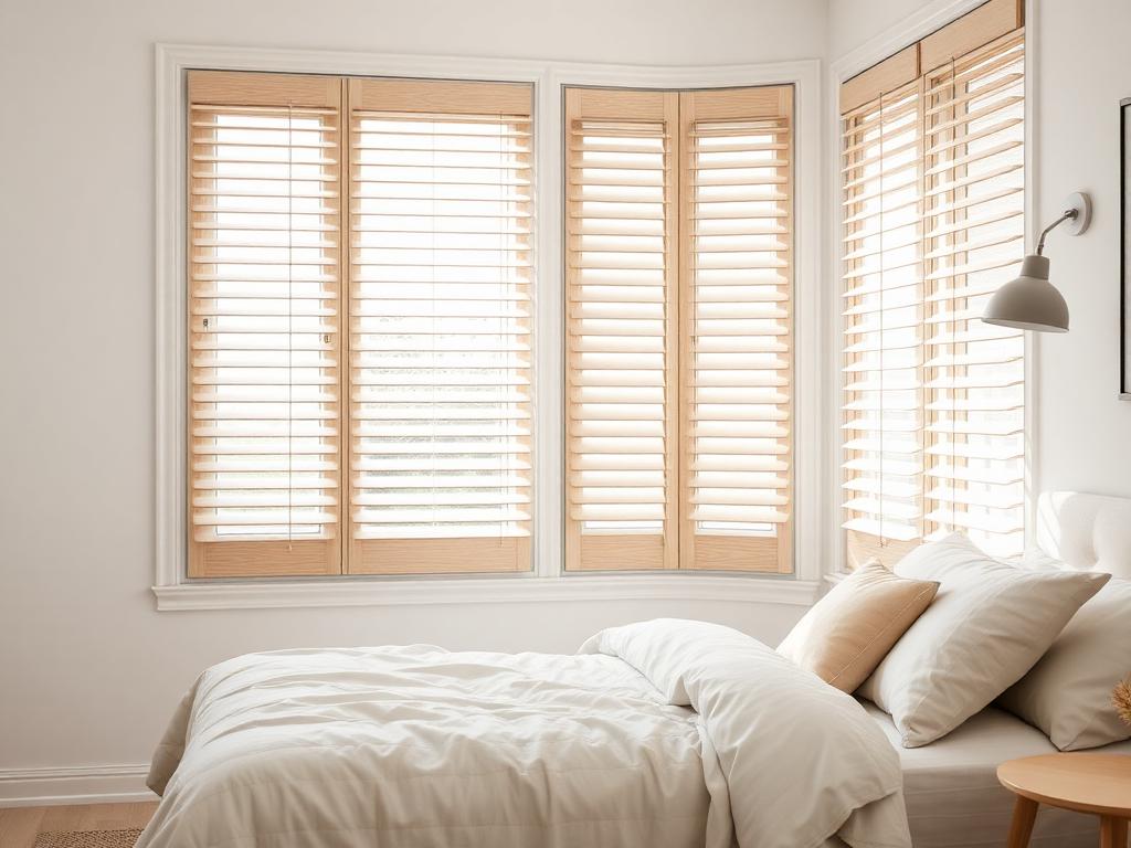 Holzjalousie weiß lasiert im hellen Schlafzimmer
