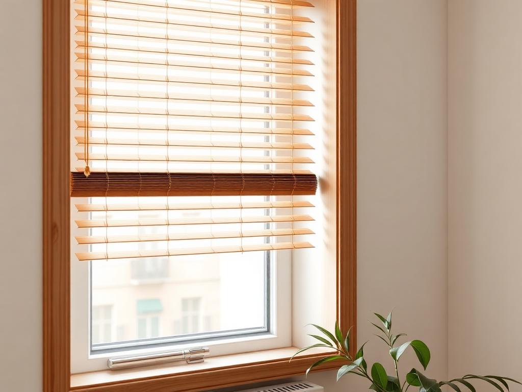 Holzjalousie 25 mm Lamelle in warmer Eiche vor Wiener Wohnungsfenster
