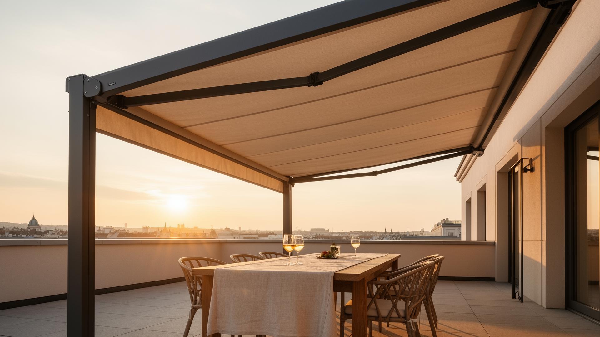 Gelenkarm-Markise G60 Abendstimmung Wien - Terrasse mit Sonnenuntergang RolloMax