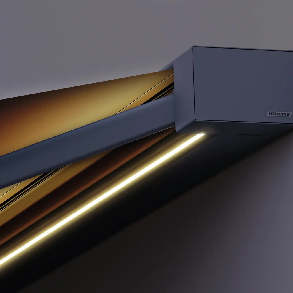 WAREMA K50 Kassetten-Detail, anthrazit Aluminium und sandfarbenes Tuch RolloMax