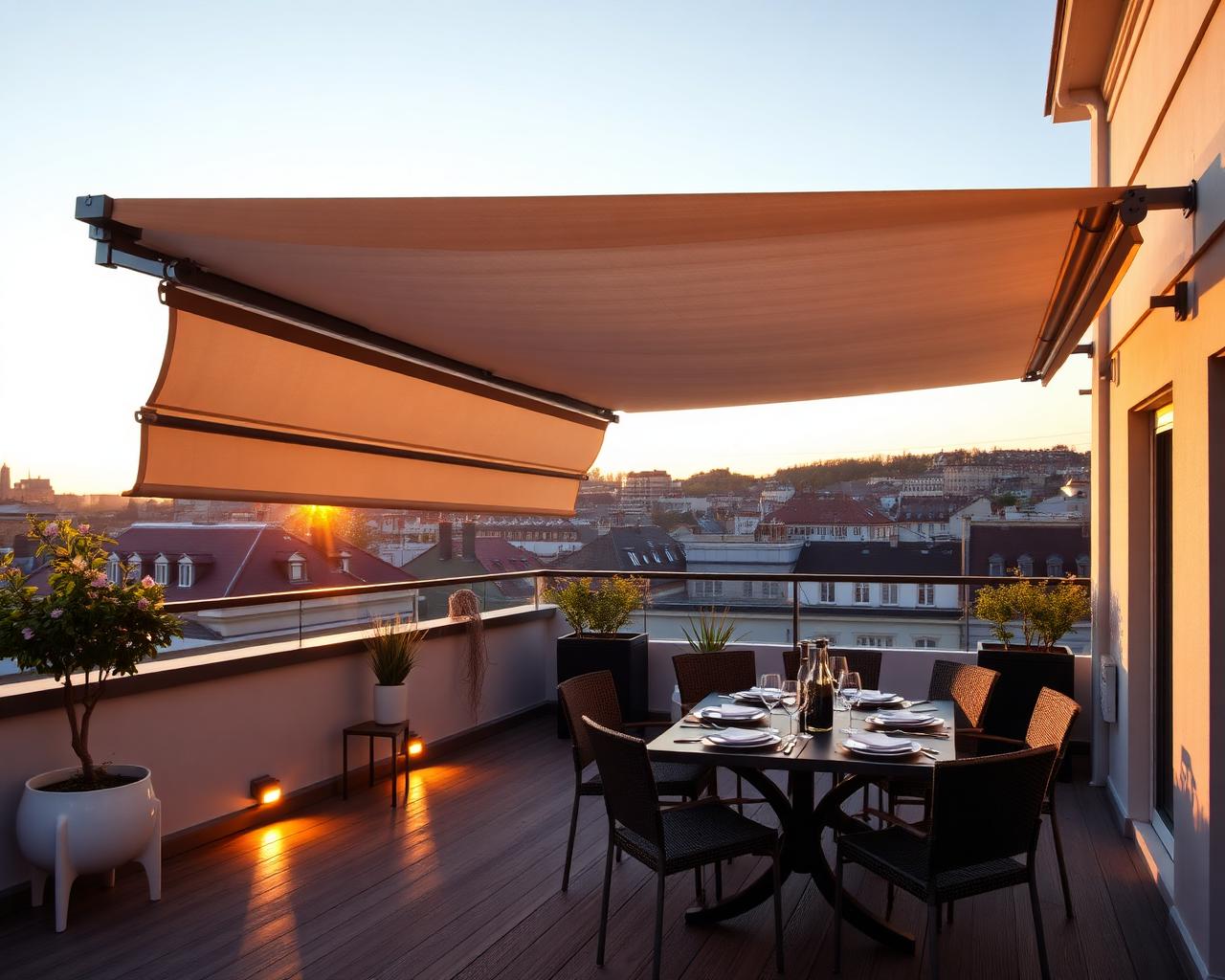 Pergolamarkise auf Dachterrasse in Wien zur goldenen Stunde, RolloMax