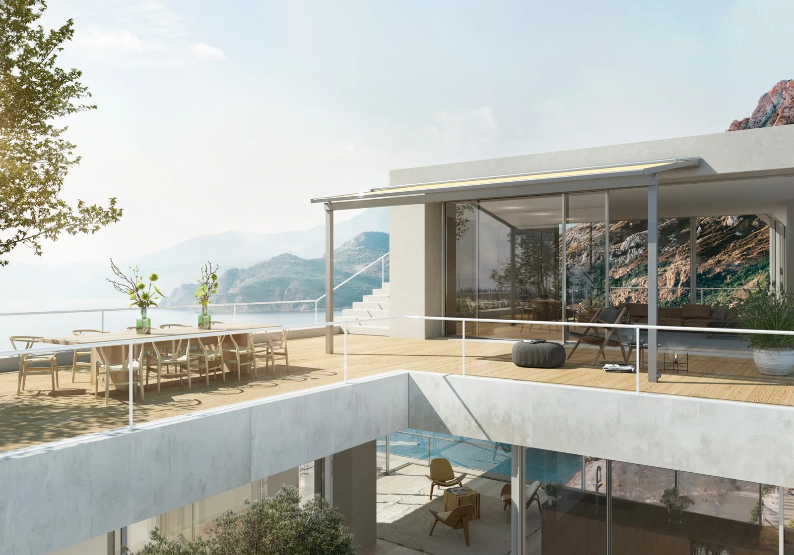 Perea P60 auf Terrasse mit Pool-Blick