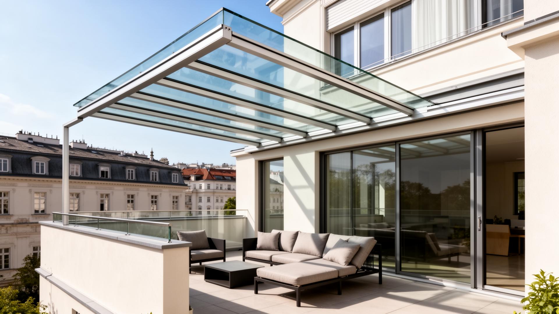 Modernes Glasdach mit VSG-Sicherheitsglas auf Wiener Dachterrasse