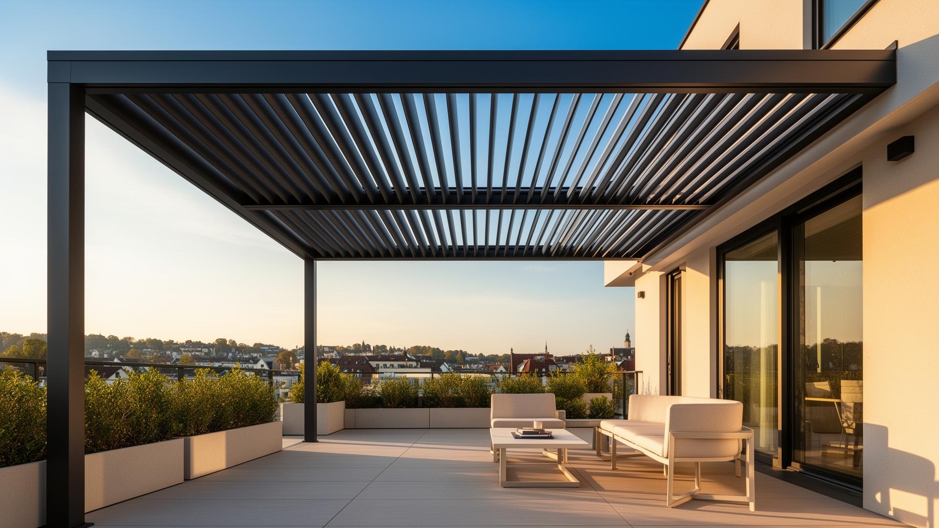 Modernes Lamellendach mit drehbaren Aluminium-Lamellen auf Wiener Dachterrasse