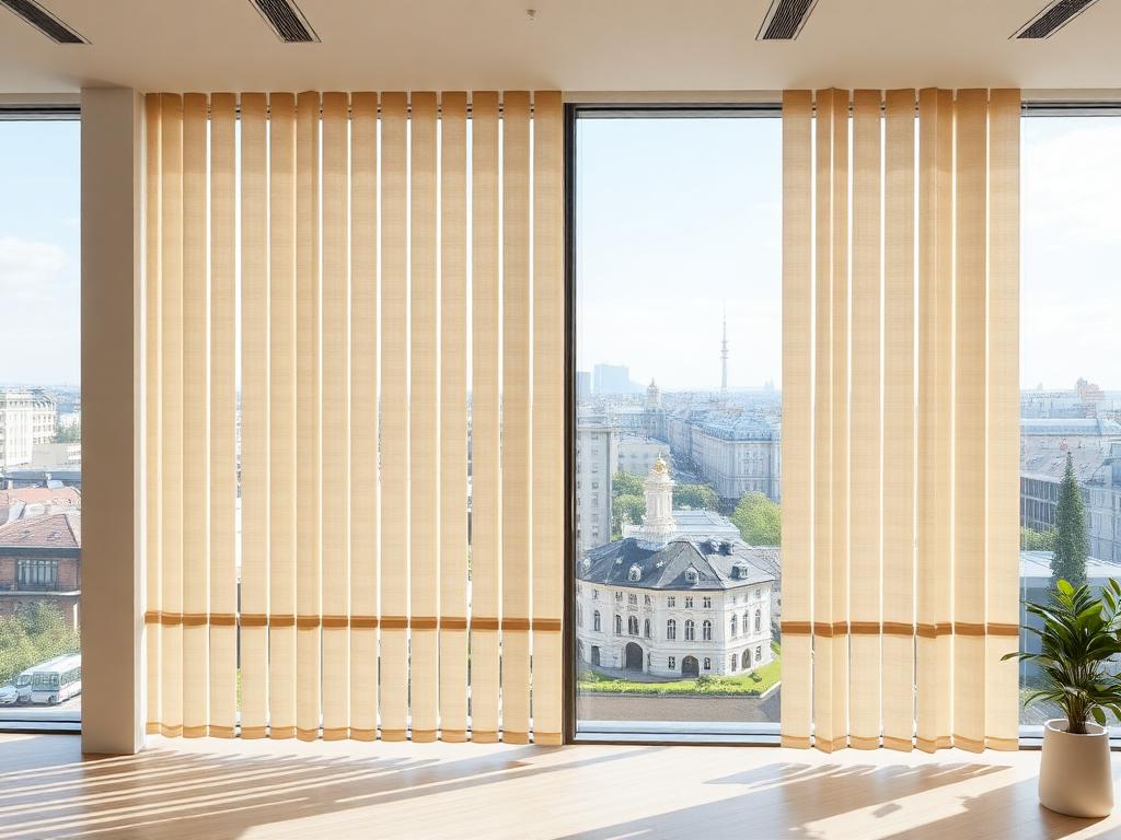 Vertikaljalousie 89 mm in Beige vor Panoramafenster mit Wiener Stadtblick